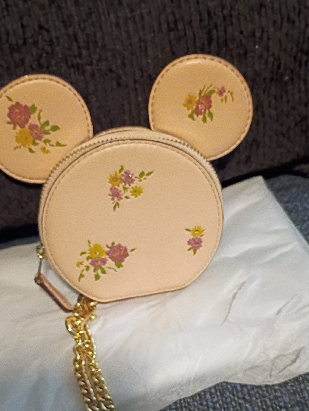 Coach Round Floral  Minnie Mouse Silhouette in Blush Pink Floral Wristlet / Fob